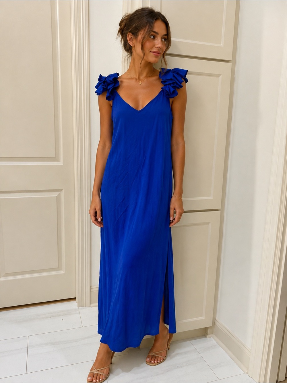Vince Camuto Royal Blue Maxi Dress with Ruffle Shoulders small NWT